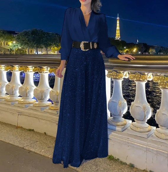 Elegant Long-sleeved Blouse With V-neckline And Wide Sequinned Jumpsuit Trousers