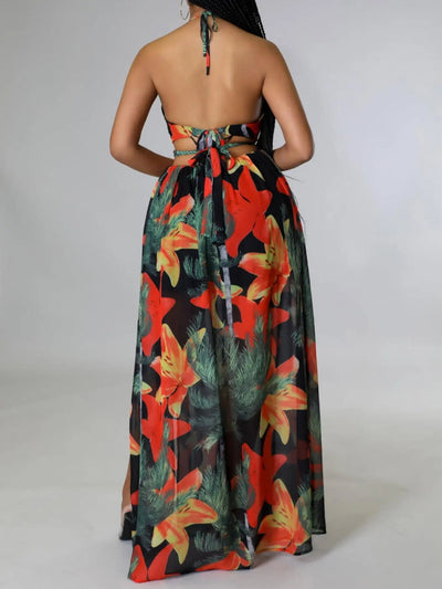 👗Women's Floral Print Chain Decor Split Thigh Tie Back Cami Dress